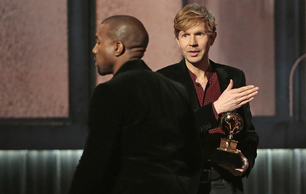 Beck and Kanye West at the 2015 Grammys