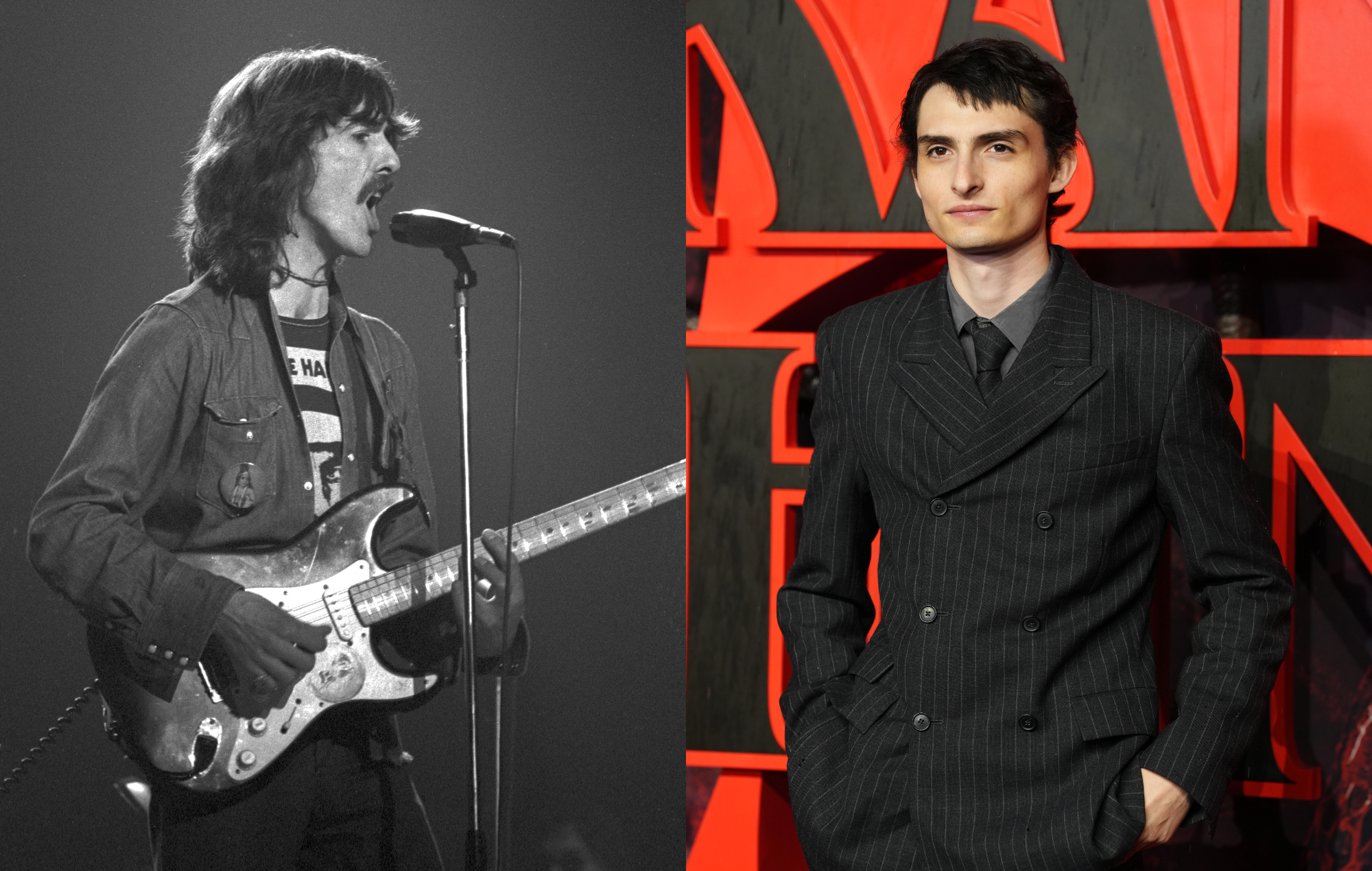 two side by side pictures of George Harrison (left) and Finn Wolfhard (right)